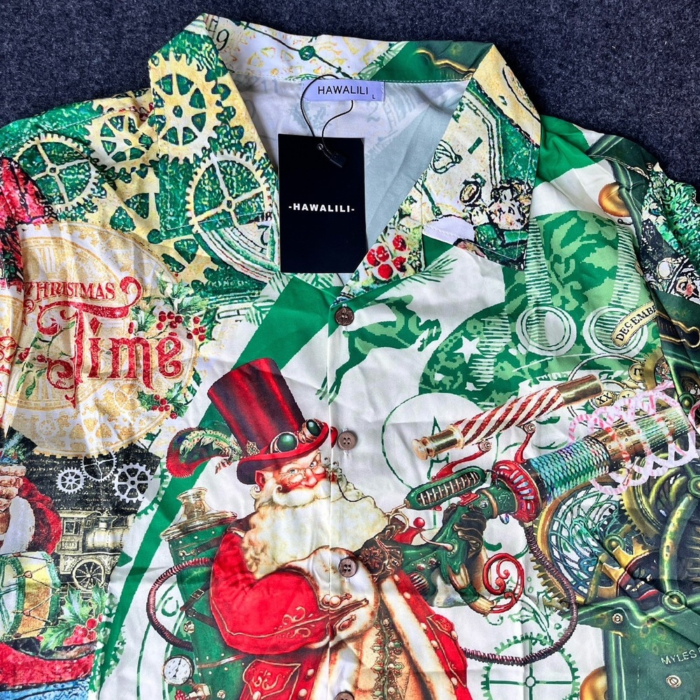 New Hawalili Christmas Time Santa Short Sleeve Button‎ Up Shirt Mens L